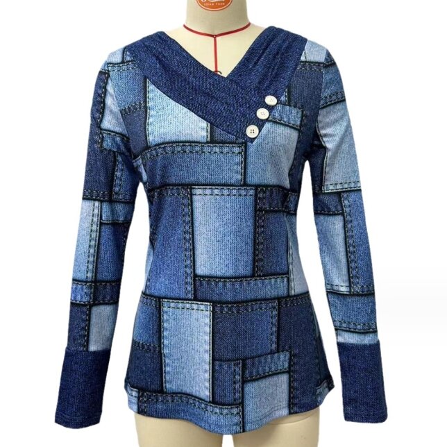 Suéter de manga larga con cuello en V para mujer, suéter básico versátil con diseño empalmado de tres botones, Color de contraste, invierno, 2023