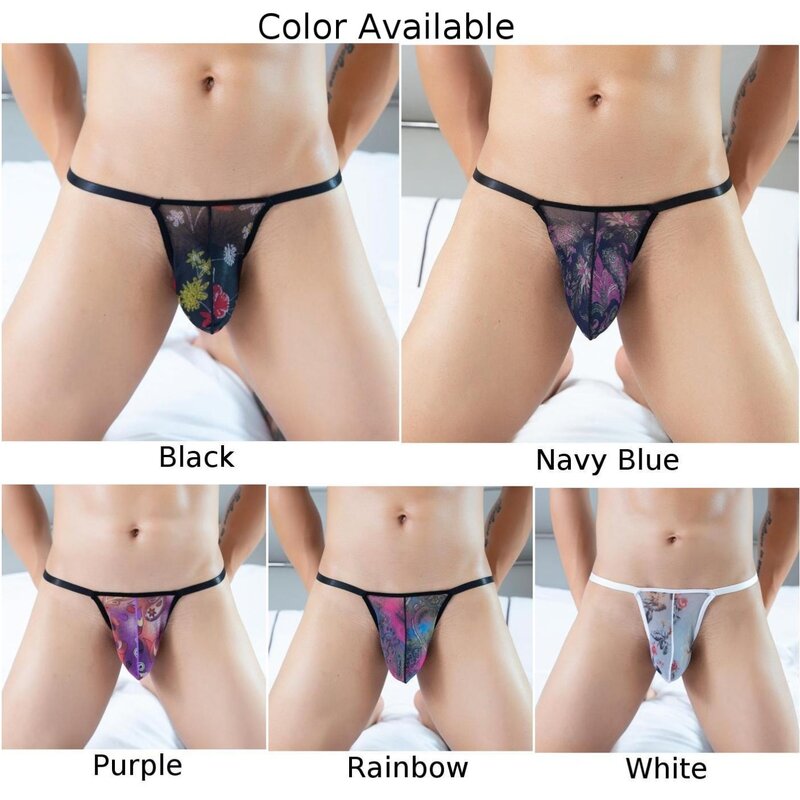Men Bulge See Through Mesh G-String Floral Printed Breathable Thong Gay Erotic Panty Big Pouch Panties Ultra-thin Men Underwear