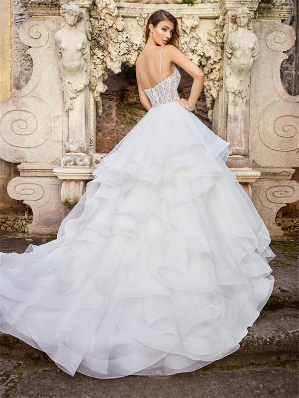 Sexy Spaghetti Strap Bridal Dress 2024 Luxurious Deep V Neck Wedding Dress Romantic A-Line Floor-length Dress Vestidos De Novia