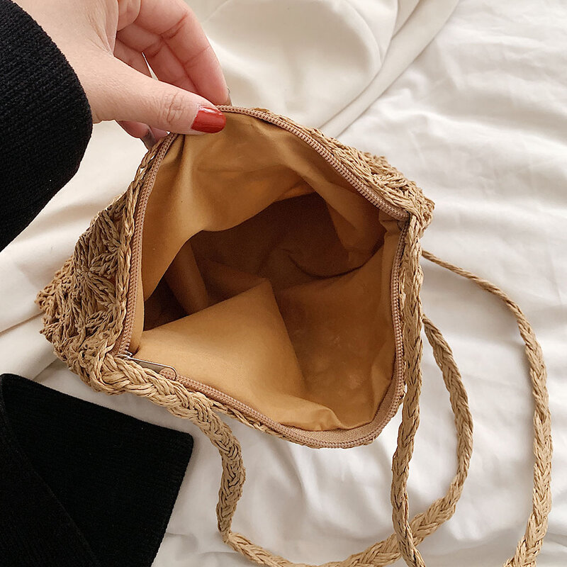 Women Shoulder Bags Fashion Straw Weave Summer Beach Handbags Casual Hollow Out Bohemian Zipper Handmade for Female Travel