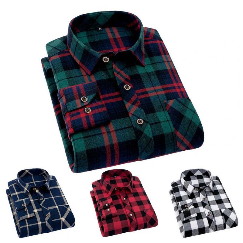 Men Shirt Plaid Single-breasted Turn-down Collar Slim Spring T-shirt for Daily Wear