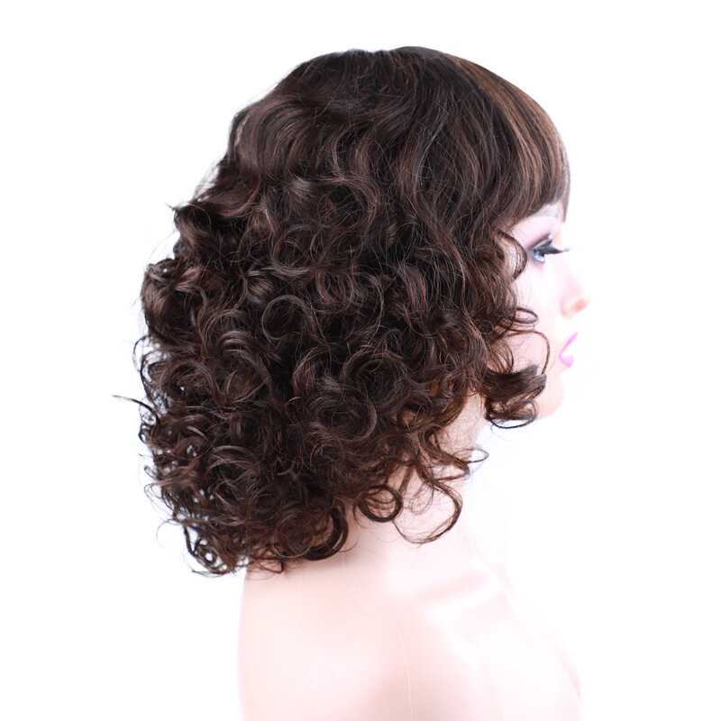 Wig campuran rambut manusia keriting untuk wanita rambut palsu keriting Afro mesin wig keriting pendek dibuat hitam cokelat wig rambut pirang dengan Bang