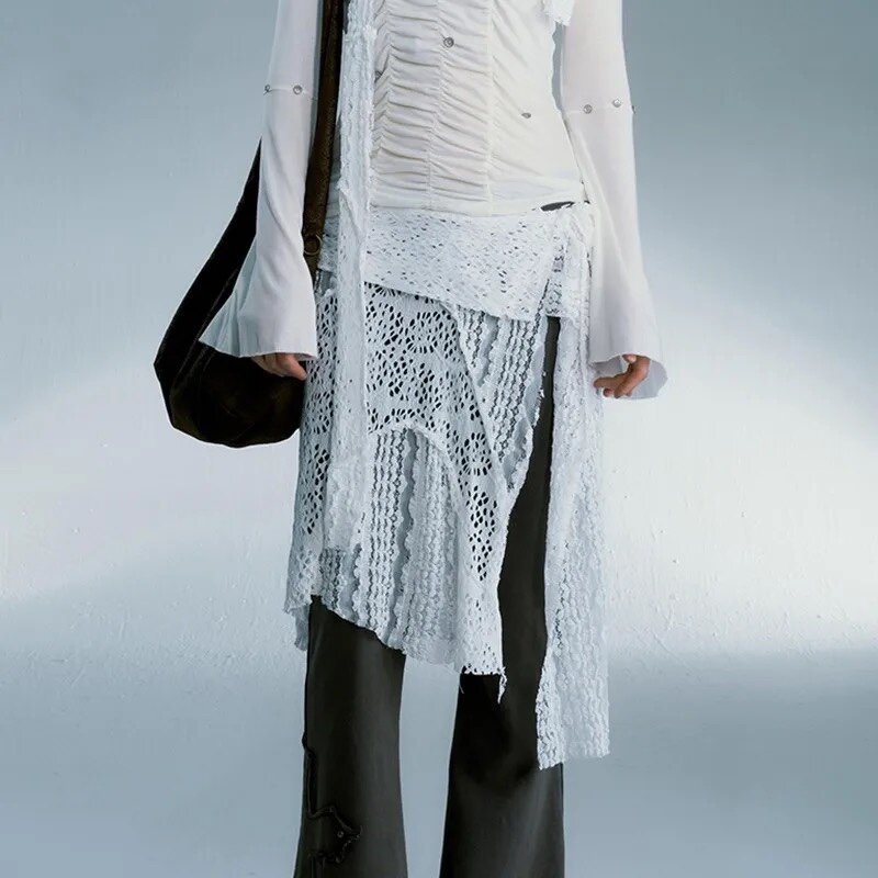 Deeptown-Saia feminina de renda de estética grunge, vintage, irregular, saias curtas, tule, patchwork branco, streetwear, japonês Y2K, mulheres