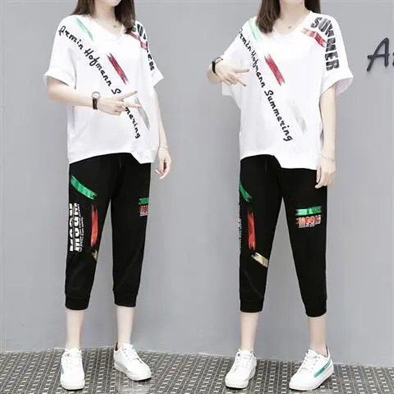 Damen Sommer neue koreanische Version Trainings anzug Mode Kurzarm Tops und waden lange Hose 2 zweiteilige Sets für Frauen