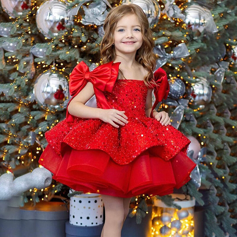 A 라인 크리스마스 소녀 레드 원피스 어린이 스팽글 유아 소녀 격자 무늬 활 얇은 명주 그물 투투 파티 드레스, 어린이 새해 크리스마스