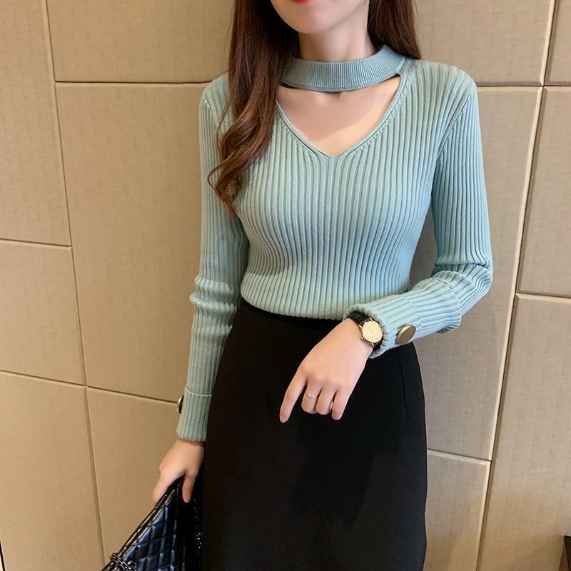 V-Neck Halter Warna Cerah Korea Slim Rajut Benang Sekrup Tebal Berpayet Dekorasi Fashion Wanita Sweater Pullover Bottoming