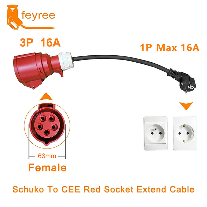 Feyree EV зарядное устройство Schuko Plug to CEE Red Power Female Plug 5 Pins Socket Adapter Connect with 16A 3-фазное 11KW портативное зарядное устройство