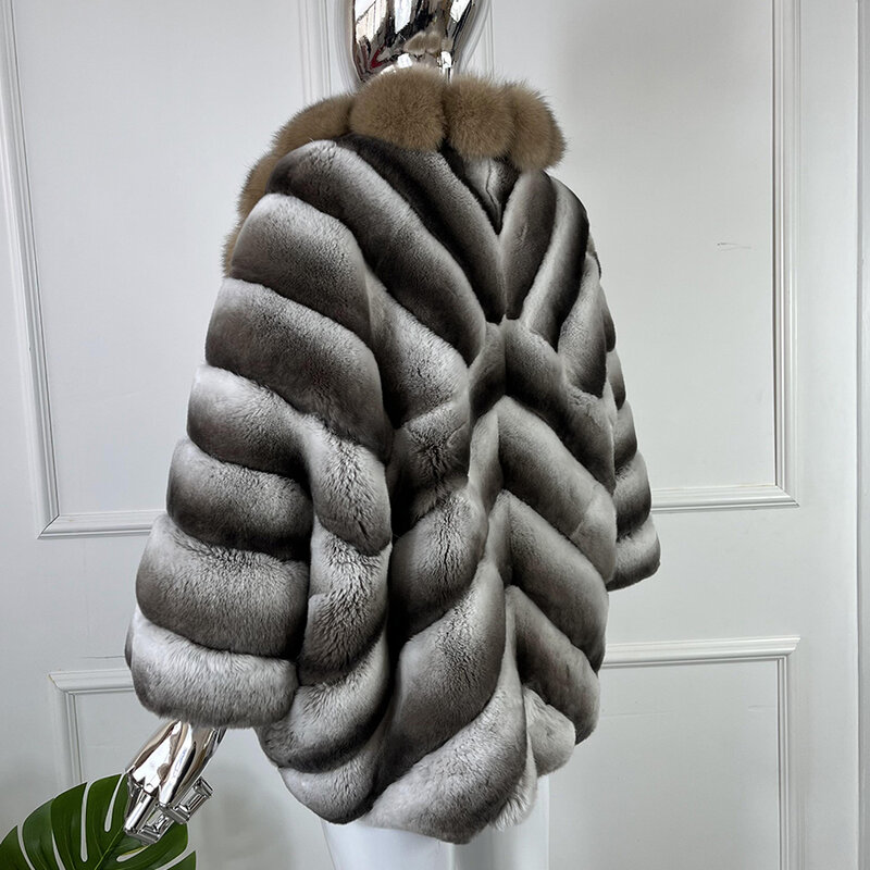 Mantel bulu kelinci Rex asli kerah bulu rubah alami bulu Chinchilla jaket musim dingin penjualan terbaik mantel bulu asli wanita