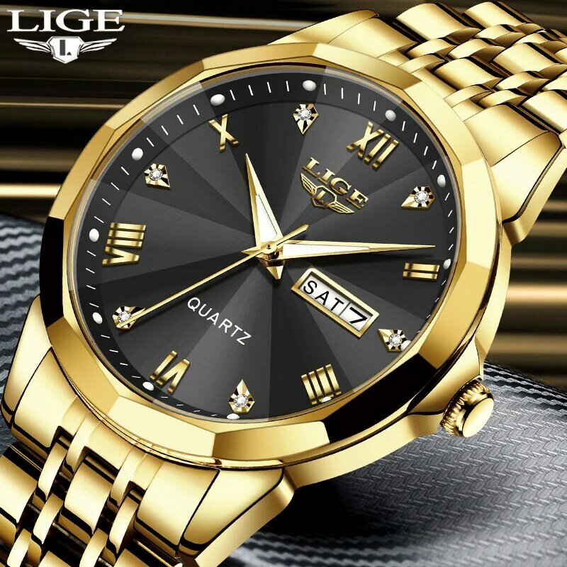 Часы LIGE Мужские Наручные с браслетом из нержавеющей стали, роскошные деловые водонепроницаемые, с календарем и стразами