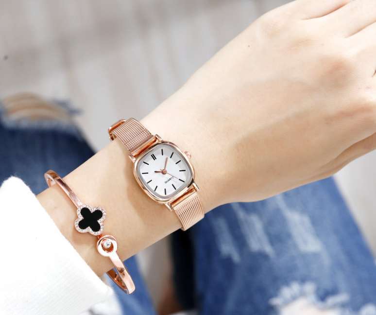 Mode persoonlijkheid cadeau klein meisje mesh stalen ketting hand quartz horloge