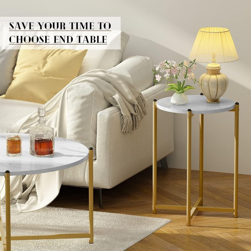 Couch tisch 3er-Set, moderner runder Couch tisch & 2 stücke Beistell tisch Kunst marmor Tischplatte mit goldenem Kreuz Grundrahmen, modern