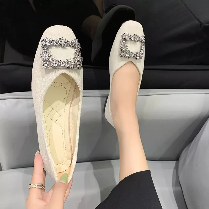 Spring New Women's Square Toe Flat Shoes 2024 Square Buckle Shallow Women's Slip on Casual Shoes Outdoor Ladies Walking Shoes
