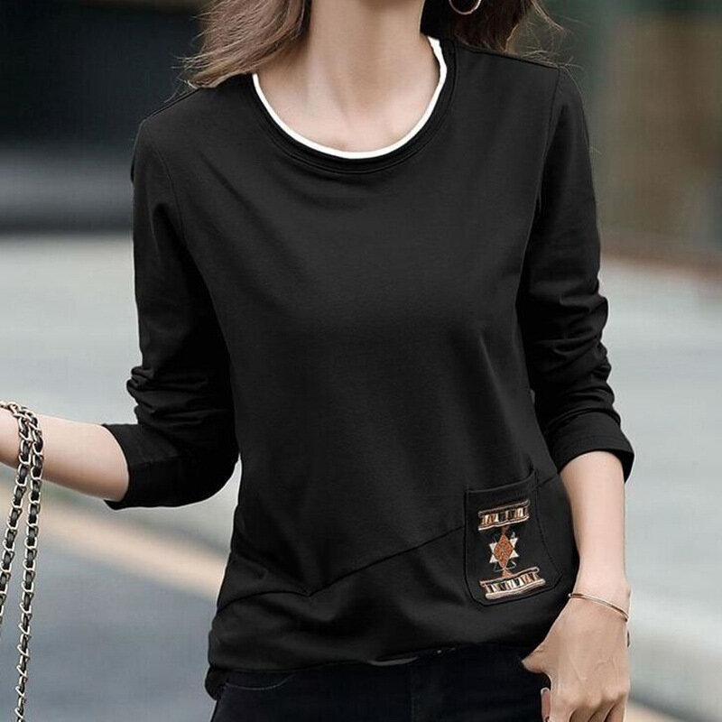Classic Women's Clothing 2024 Spring Autumn Crew Neck New Style Long Sleeve Solid Embroidery Tee Shirt Pullover Casual Tops