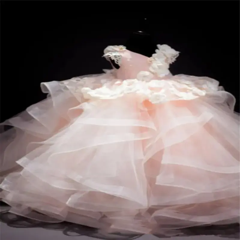 Elegant Fluffy Lace Appliques Vestidos para menina, Flower Girl, Cascading, Kids Wedding, Birthday Party, Prom, Holiday