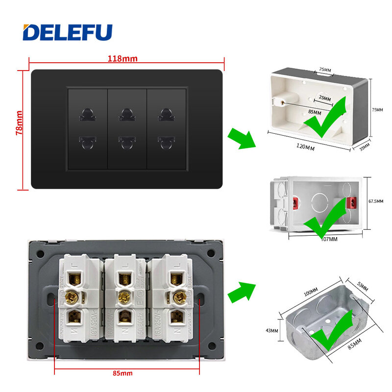 Настенная розетка Delefu/Таиланд/стандарт ЕС, 118x74 мм, черная панель из поликарбоната, USB C зарядная розетка, 15 А настенная стандартная розетка, 5