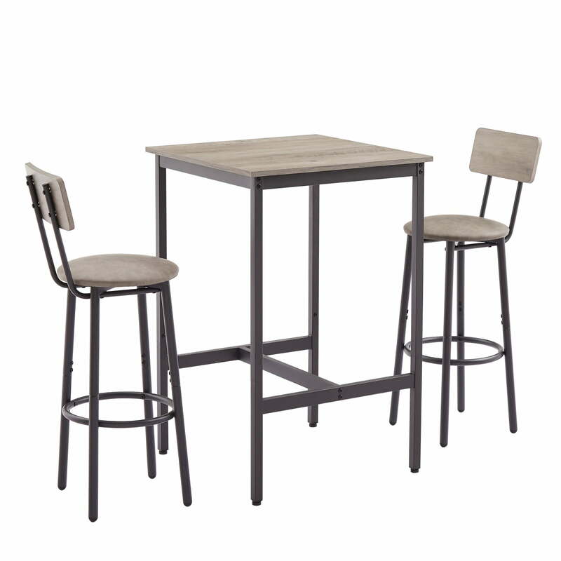 Dining Table Set, 3pcs Kitchen Counter with Bar Stools, Sturdy Metal Bar Table Set Home Pub, Gray