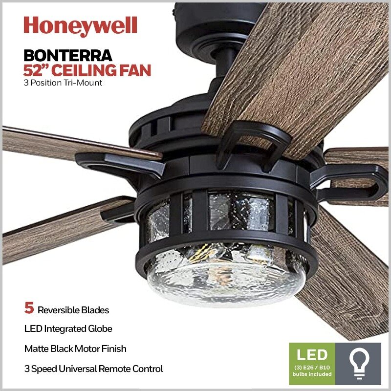 Honeywell Ceiling Fans Bonterra, 52 Inch Contemporary Indoor LED Ceiling Fan with Light and Remote Control
