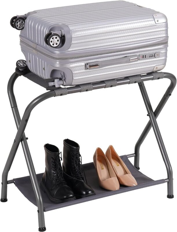 Heybly-portaequipajes plegable para habitación de invitados, soporte de maleta de acero con estante de almacenamiento, color gris o negro, paquete de 2 unidades