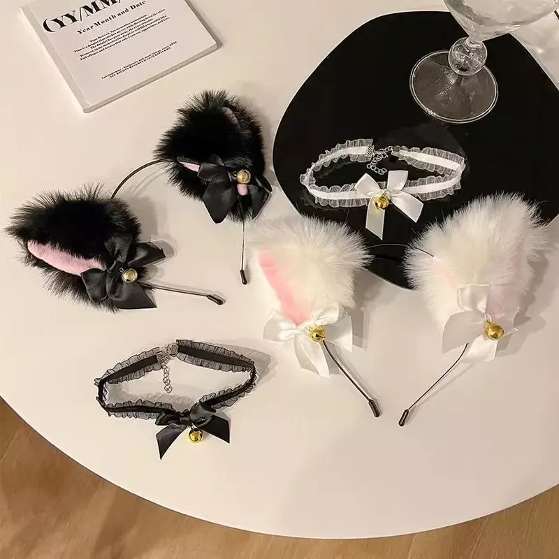 Ikat Kepala Telinga Kucing Seksi untuk Wanita Anak Perempuan Kalung Busur Renda Bando Bel Lembut Cosplay Topeng-Kostum Pesta Aksesori Rambut