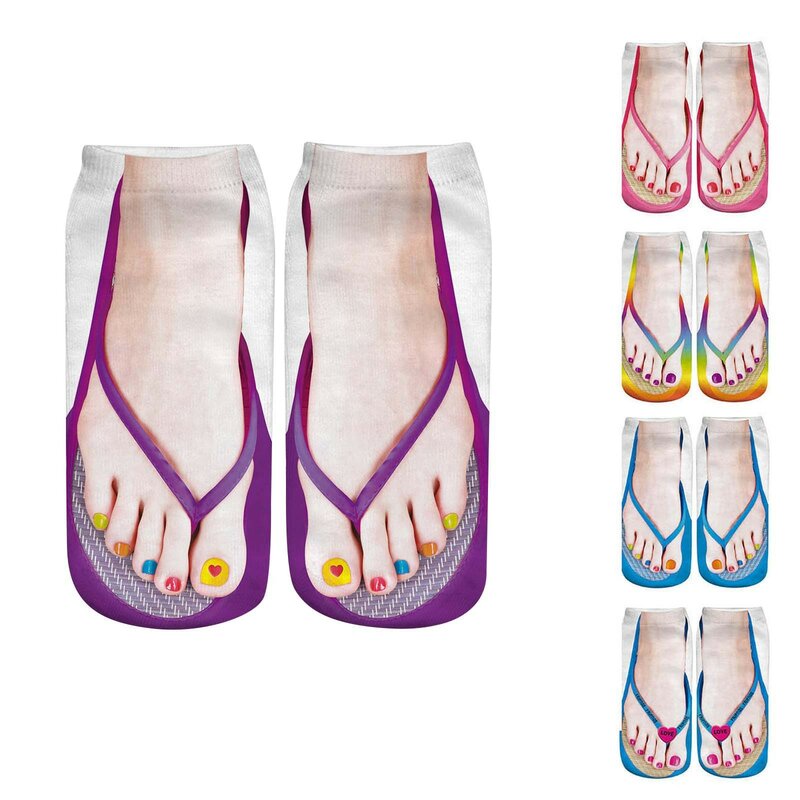 3D Pattern Manicure Print Socks Flip Flop Funny Hidden Running Socks Women Low Cut Ankle Suit 5pc