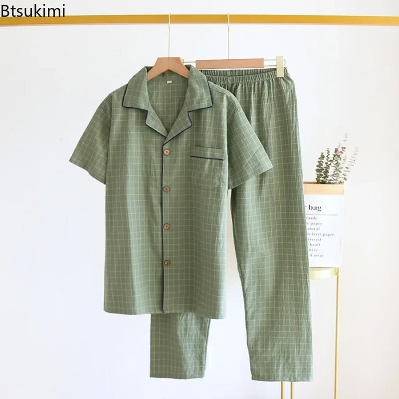 Hoogwaardig Pyjama Pak Nieuwe Heren Homewear Tweedelige Mode Eenvoudige Korte Mouw En Broek Heren Japanse Geruite Lounge Nachtkleding
