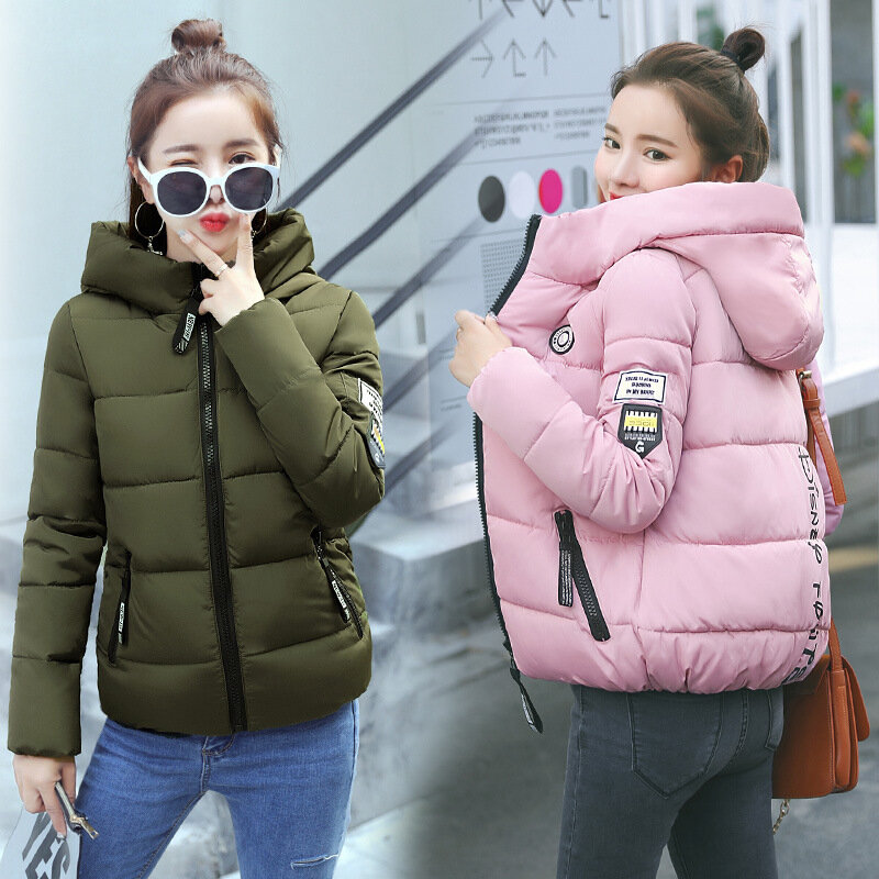 Облегающие Женские парки, зимние толстые повседневные Модные хлопковые теплые короткие куртки с капюшоном и надписью, корейские белые женские пальто на молнии
