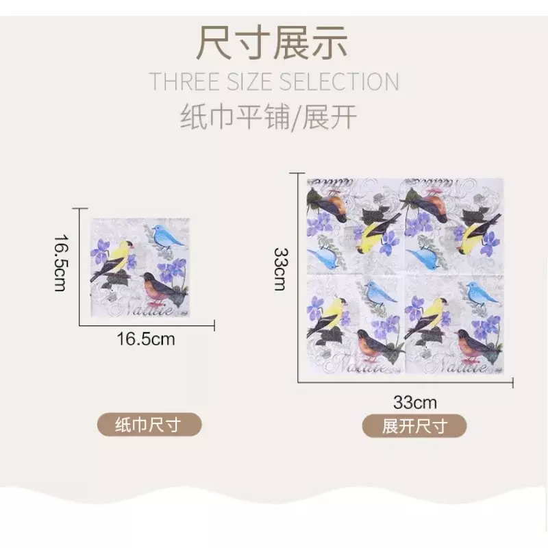 Serbet warna-warni bunga dan burung Tiongkok baru serbet cetak gaya Tiongkok kertas pernikahan kertas kupu-kupu tulang Bart foodgrade