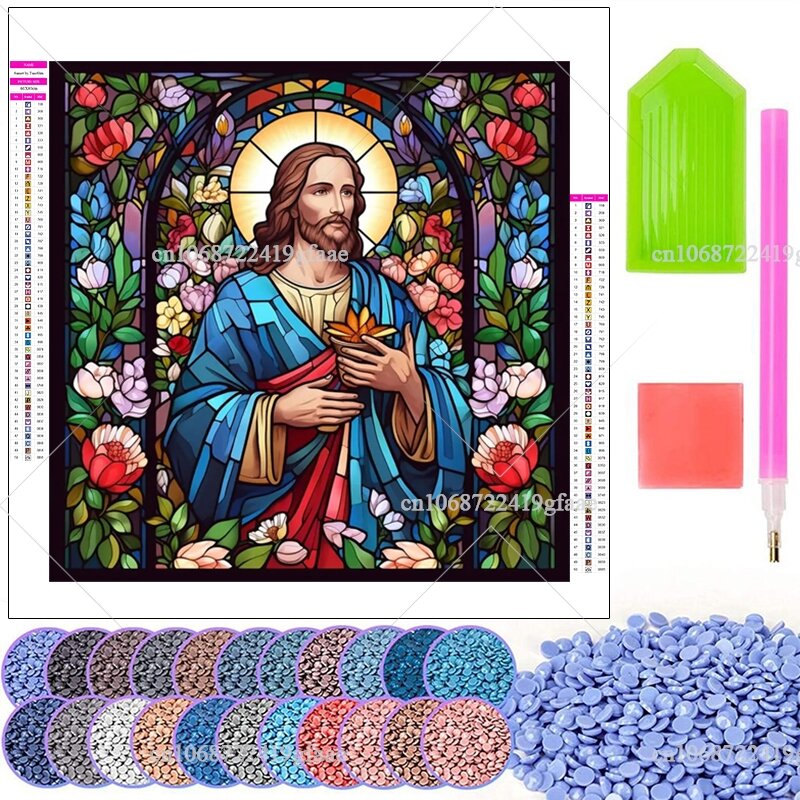Kits de pintura de diamantes religiosos de Jesús, vidrieras, taladro completo, mosaico de diamantes florales, punto de cruz, arte artesanal, pegatina de pared