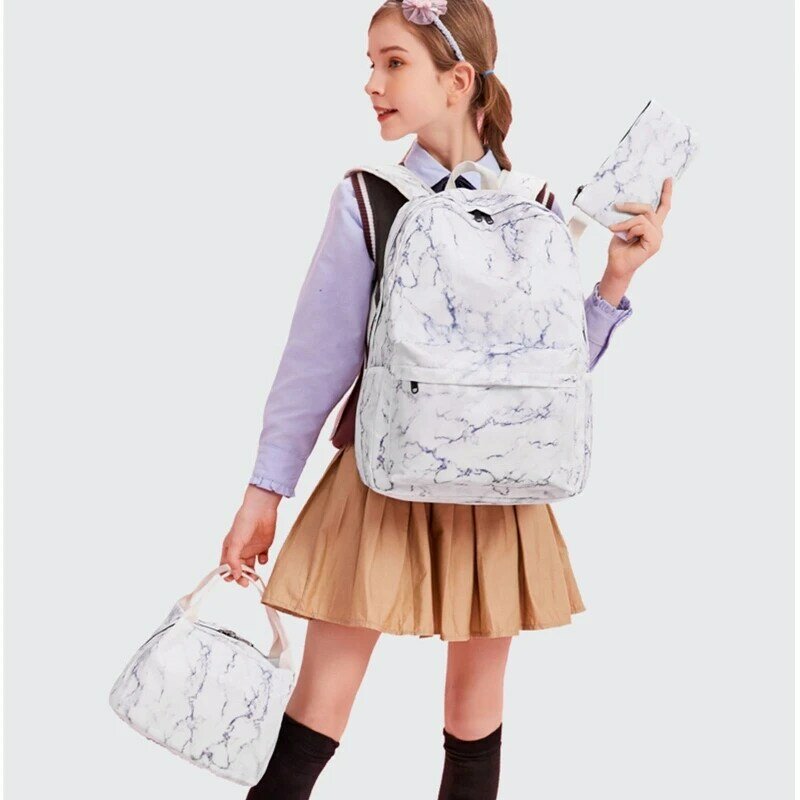 Mochila escolar mármore com vários bolsos, bolsa lápis para almoço, para estudantes, meninos, meninas, bolsa casual para