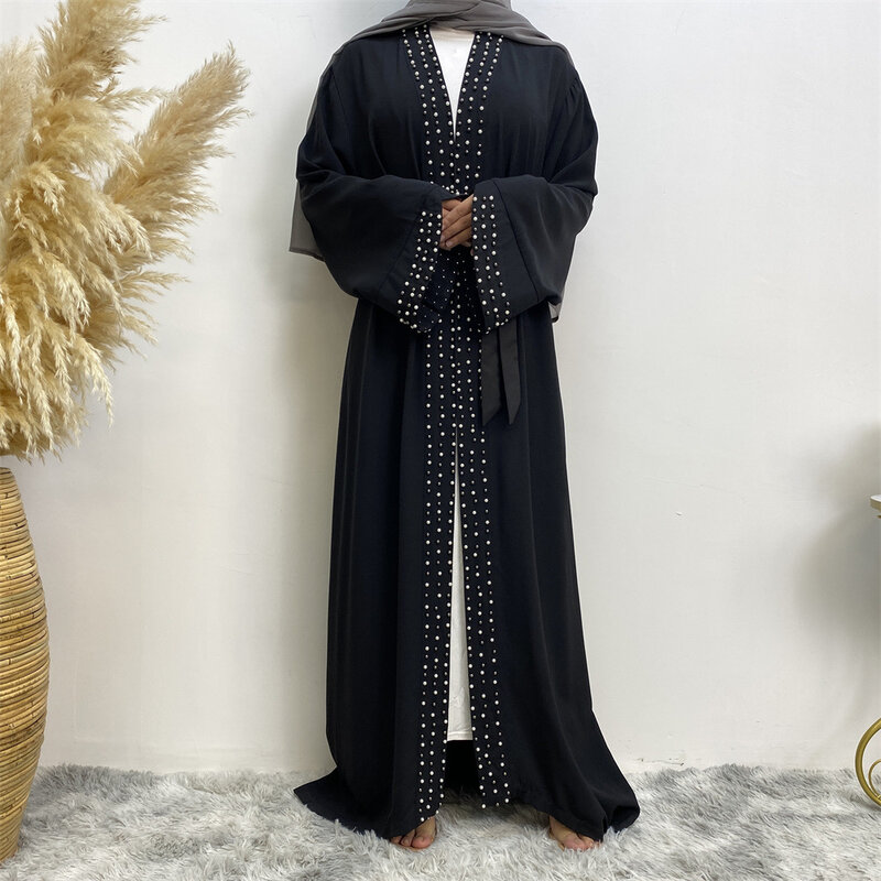 Solid Open Abaya Dubai Turkey Muslim Cardigan Kaftan Beaded Lace-up Dresses for Women Casual Kimono Femme Caftan Islam Clothing