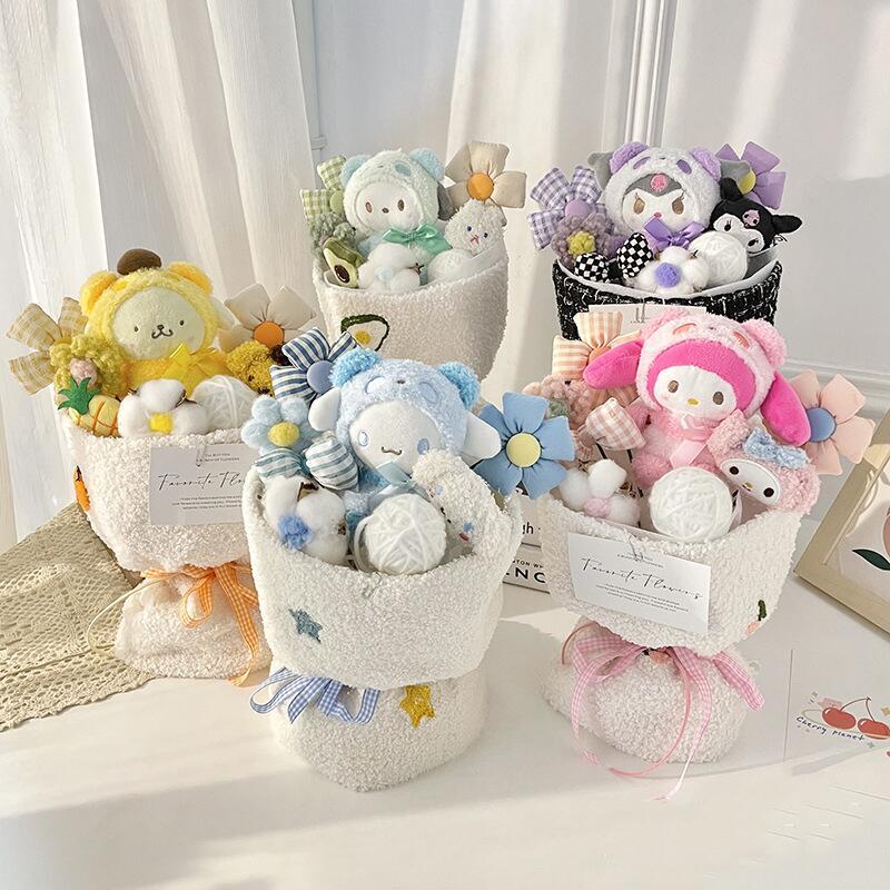 Cute Sanrio Bouquet Olá Kitty Boneca De Pelúcia, Desenhos Animados Da Flor, Cinnamoroll, Kuromi My Melody Toys, Flower Girl and Child's Holiday Gifts
