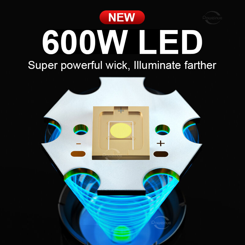 10000000LM مصباح يدوي قابل لإعادة الشحن 600 واط مصباح يدوي LED عالي الطاقة XHP90 شعلة قوية Usb فانوس تكتيكي إضاءة تكبير 5000 متر