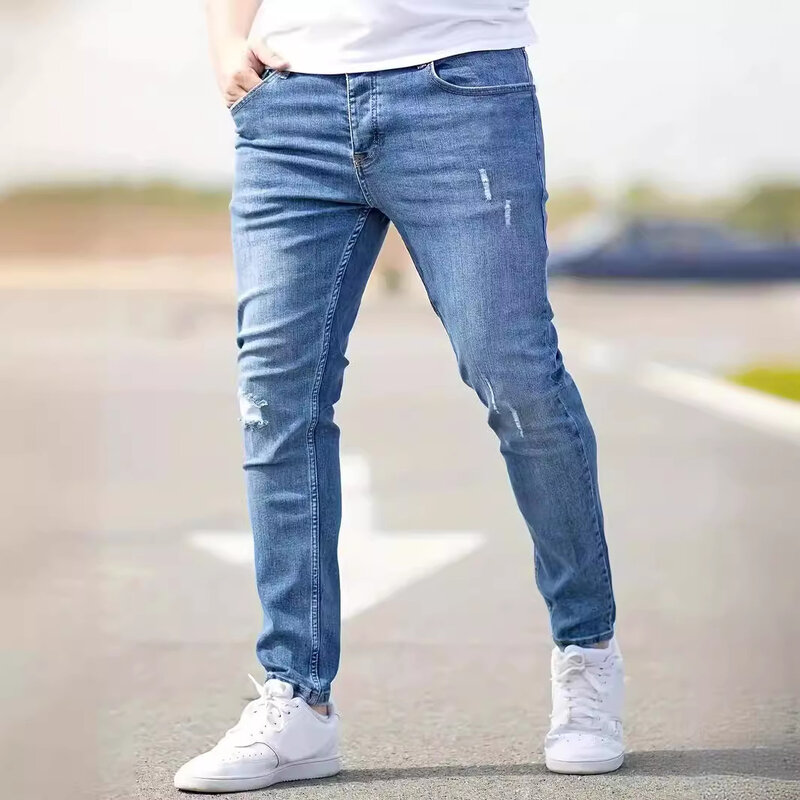 Jeans angustiado masculino com furos, lavagem vintage, calça lápis sólida, comprimento do tornozelo, estilo punk, bolsos, fino, magro, 2024