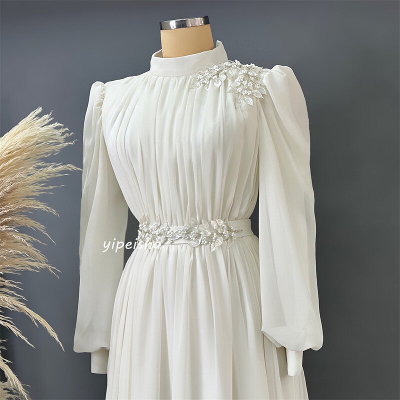 Gaun Prom malam Jersey Arab Saudi Applique Ruched malam A-line kerah tinggi Bespoke gaun acara gaun panjang