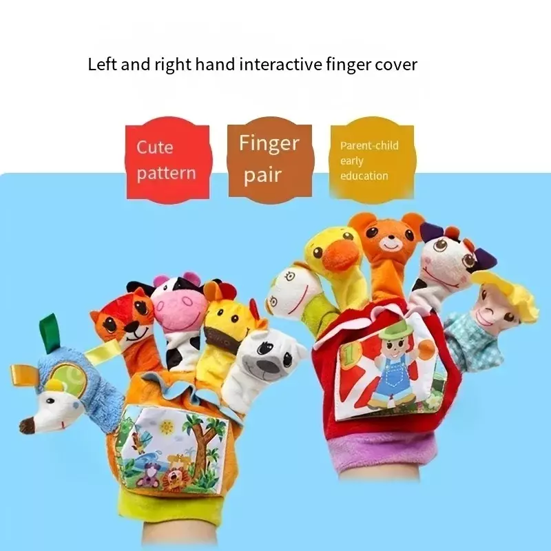Couverture de doigt de marionnette d'animal de bande dessinée de jouet de bébé avec le gril, gants de marionnette de main de livre, éducation précoce, parents, enfants, interaction