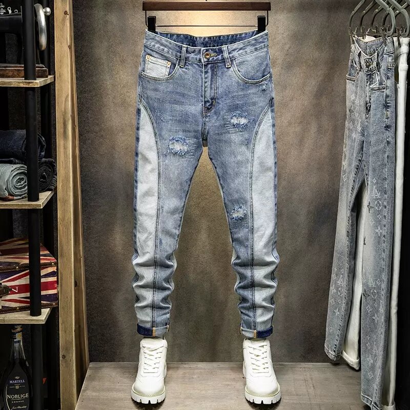 Jeans jeans rasgado elástico masculino, calça slim fit, moda de rua alta, estilista emendado, azul retrô, hip hop, buraco