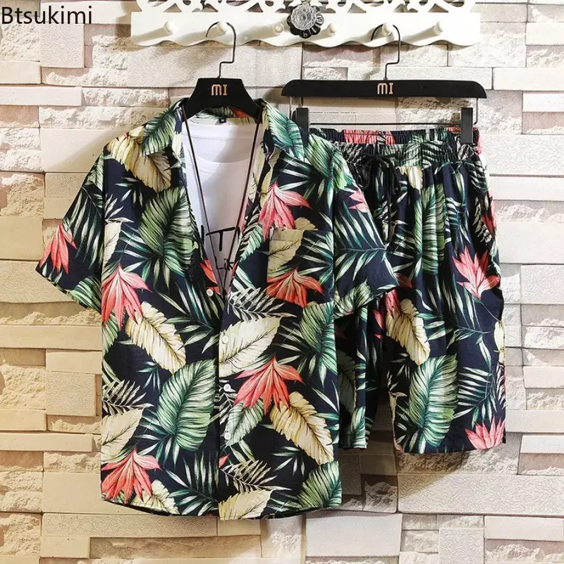 Camisa havaiana com estampa floral masculina e shorts de praia, conjuntos casuais de 2 peças, roupas de verão, streetwear, novo, 2023