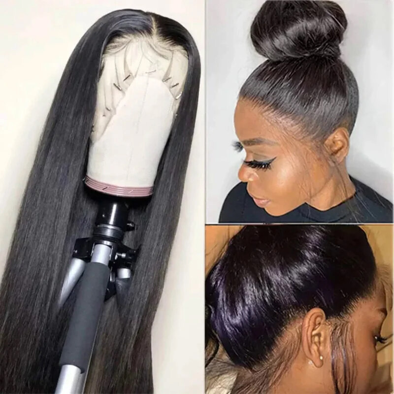 Peruca de cabelo sintética reta para mulheres negras, perucas dianteiras do laço, fio invisível, transparente, sem cola, 13x4, 13x6, 360
