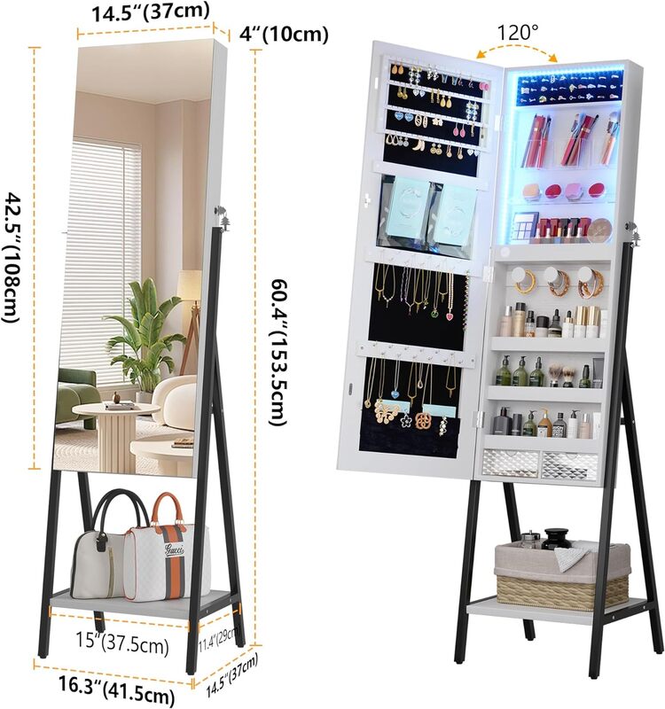 LVSOMT 3 LEDs Mirror Jewelry Cabinet, 42.5" Jewelry Mirror with Full Lenght Mirror, Standing Jewelry Mirror Armoire
