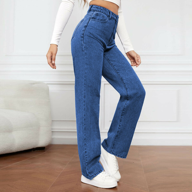 Celana Denim wanita, celana Denim wanita gaya Korea, Jeans kaki lebar Lurus meregang serbaguna modis