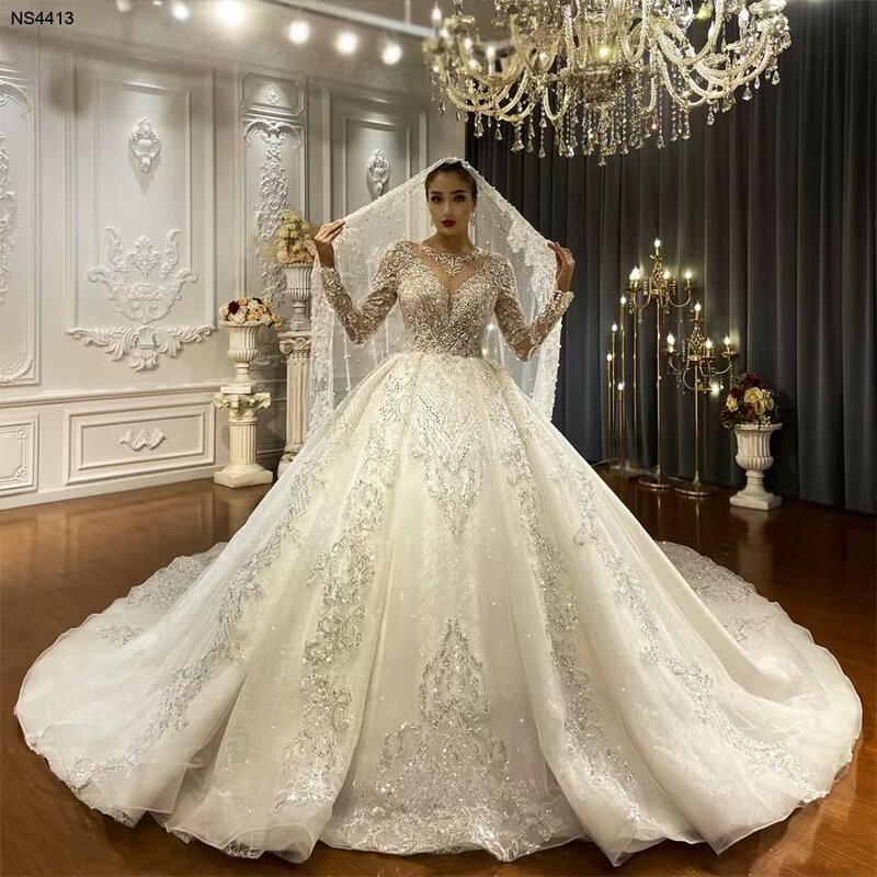 Роскошные свадебные платья для женщин 2022 свадебные бальные платья с круглым вырезом свадебные костюмы для женщин с кристаллами NS4413