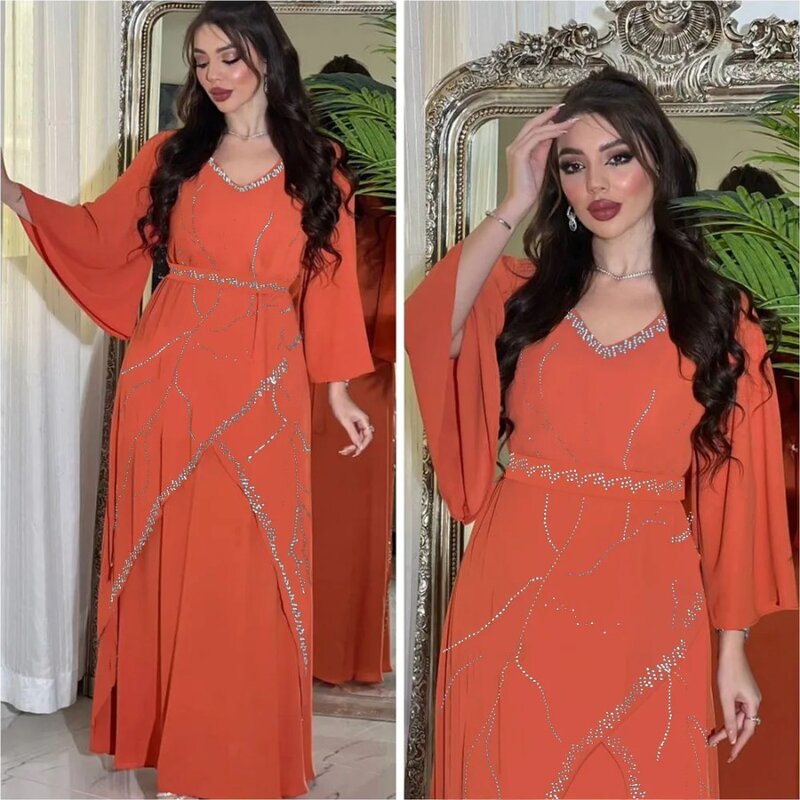 Chifffon Dress Shiny Diamonds Printed Abaya for Women Muslim Gown with Belt V-neck Jalabiya Kaftan Robe Fashion Vestidos Arabic