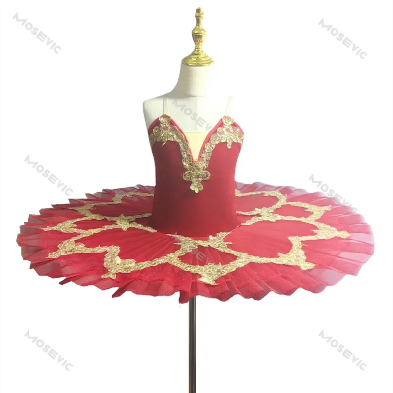 Red Ballet Tutu Skirt Professional Belly Dance Costumes Performance Clothing Velvet Tops