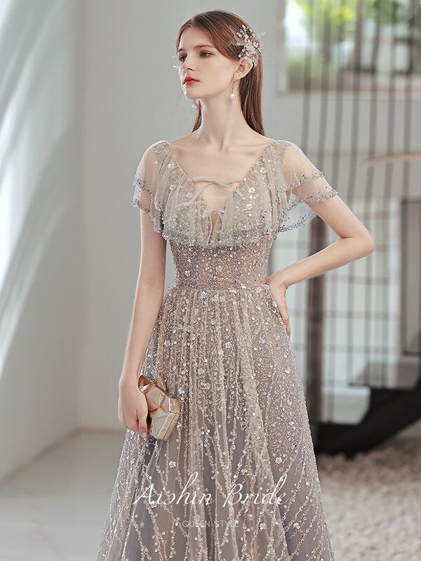 Luxus Grau Abendkleid Exquisite V-ausschnitt Rüsche Flare Hülse Tüll Perlen Glitter Pailletten Bankett Hochzeit Geburtstag Prom Kleider