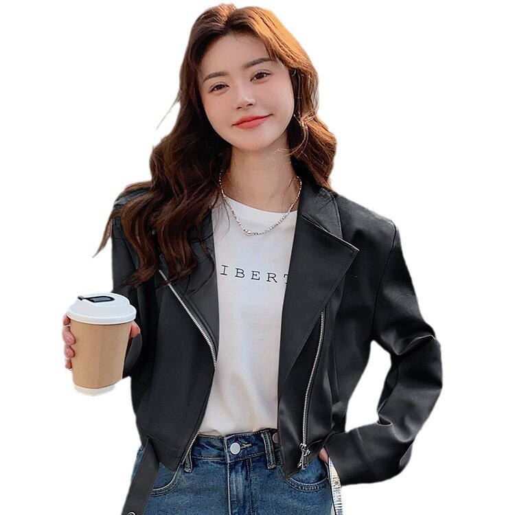 2024 Women's Oblique Zipper Pu Motorcycle Leather Jacket Autumn 2 New Fashion Short Leather Jacket