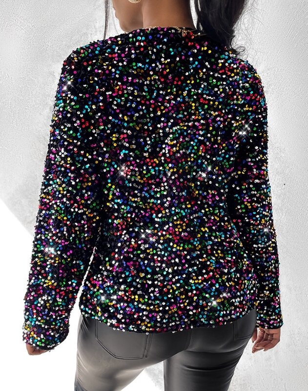 Abrigo elegante de manga larga con cuello redondo para mujer, abrigo colorido con botones de lentejuelas, temperamento, moda de otoño e invierno, 2023