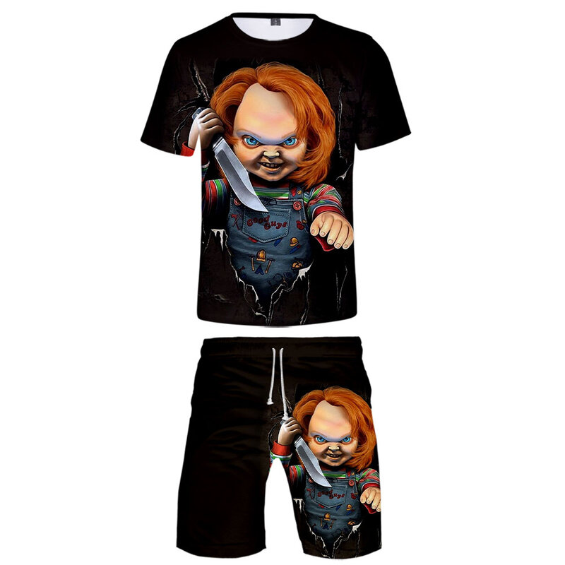 공포 영화 Chucky 세트 2 피스/세트, 여름 반팔 티셔츠 + 반바지 패션 정장 스트리트웨어 옷