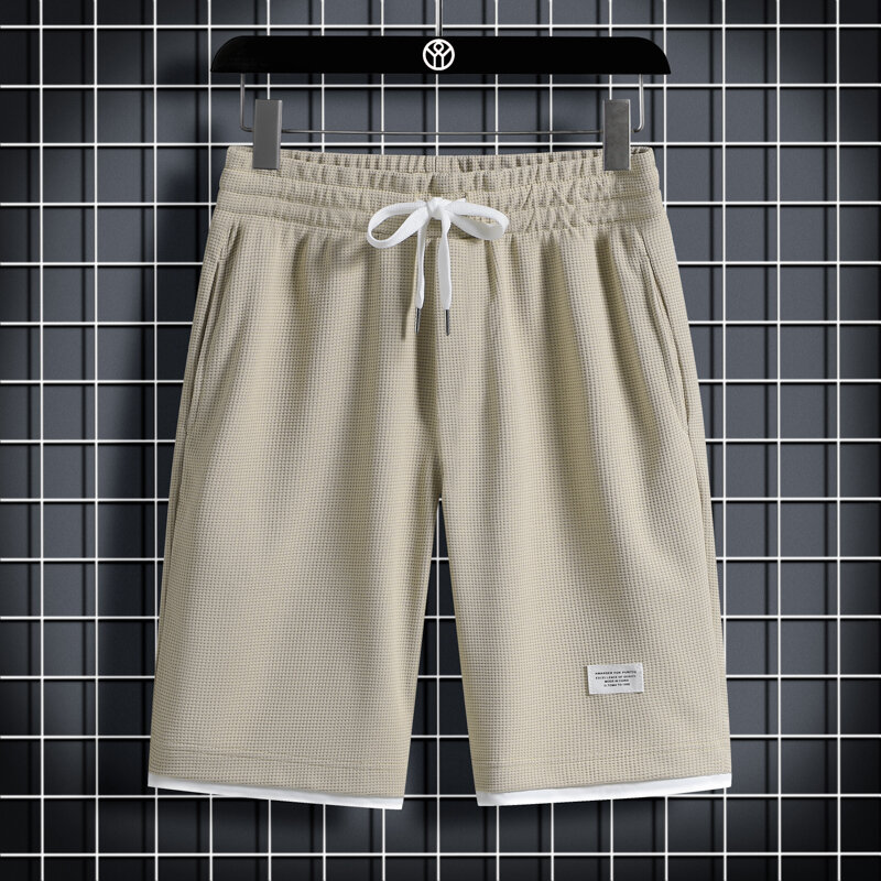 Minimalist Summer Solid Men's Waffler Elastic Waist Drawstring Pockets Fashion Thin Style Loose Knee Length Casual Shorts