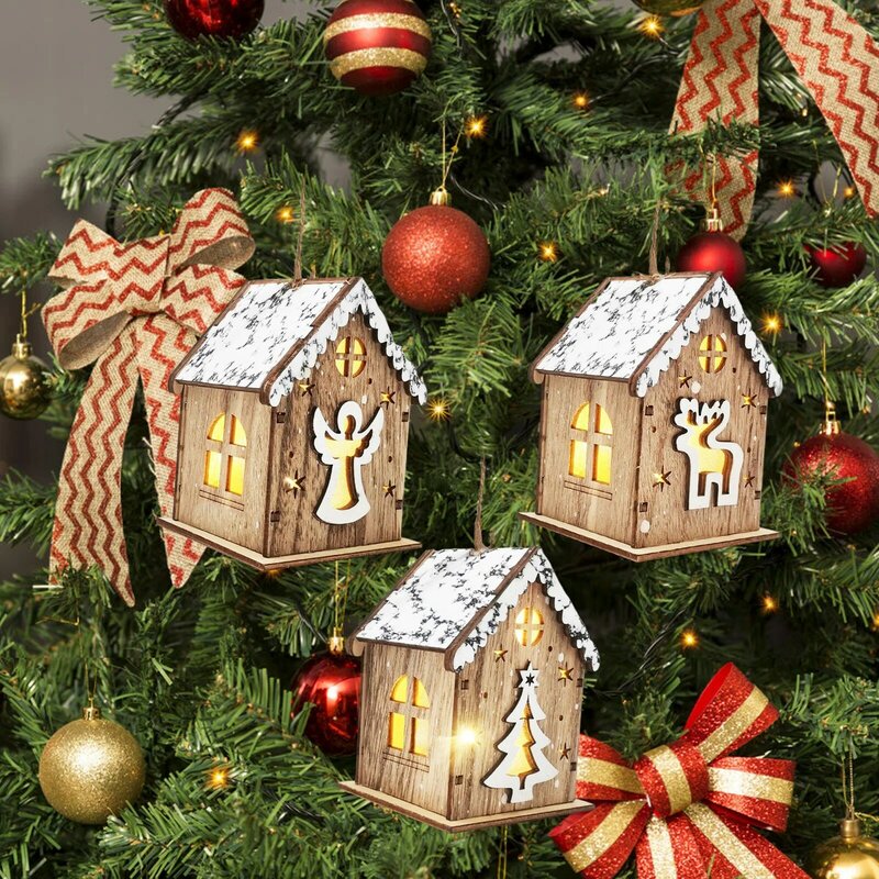 Adornos de madera para casa de Navidad, Mini colgante luminoso con pilas para decoración de escritorio de árbol de Navidad