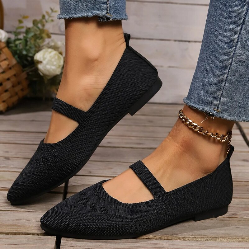 Women Pointed Toe Flat Shoes Solid Color Knitted Slip on Shoes Casual Breathable Ballet Flats Women Flat Shoes Loafers Women